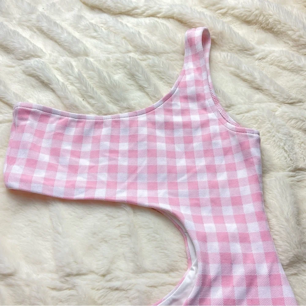 NWOT Frankie’s bikinis cash cutout one piece swimsuit gingham pink 12869